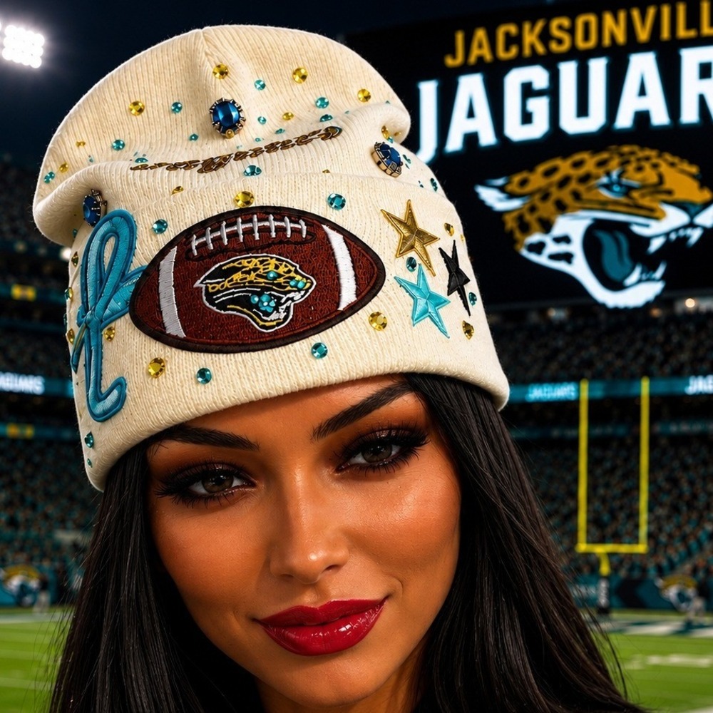 Jacksonville Jaguars Beanie Cream design with teal and gold‎ rhinestones, Logo
